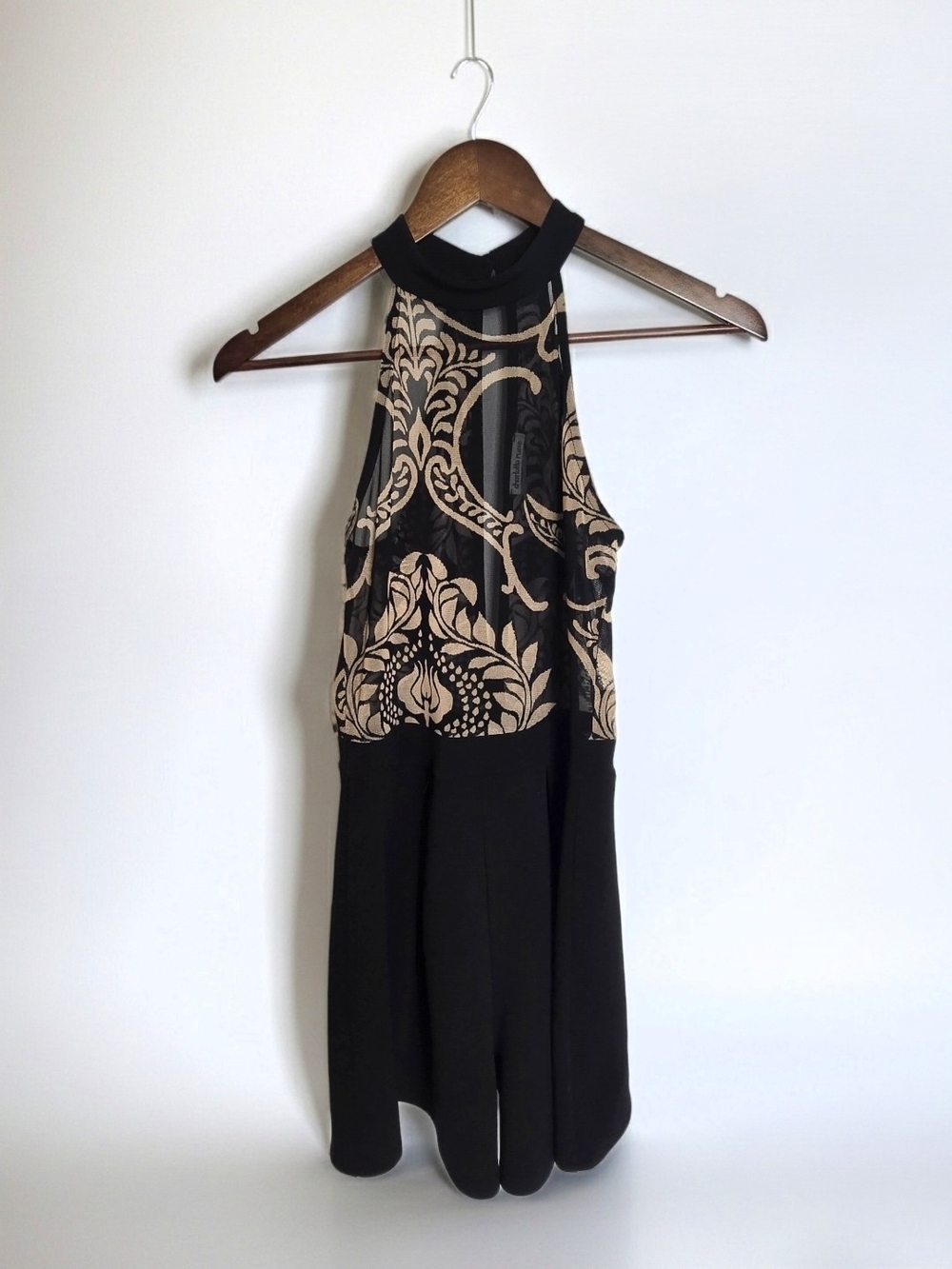 Charlotte Russe Black & Gold Damask Mesh Halter Mock Neckline Romper Size S